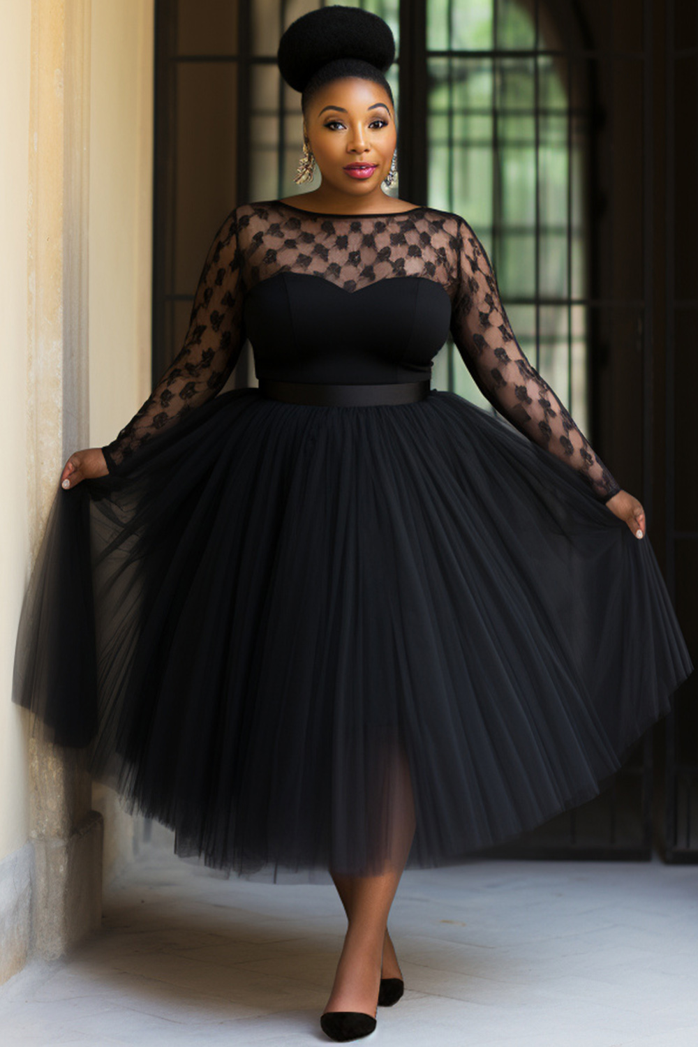 Xpluswear Design Plus Size Wedding Black Boat Neck Long Sleeve See Through Lace Tulle Midi Dresses