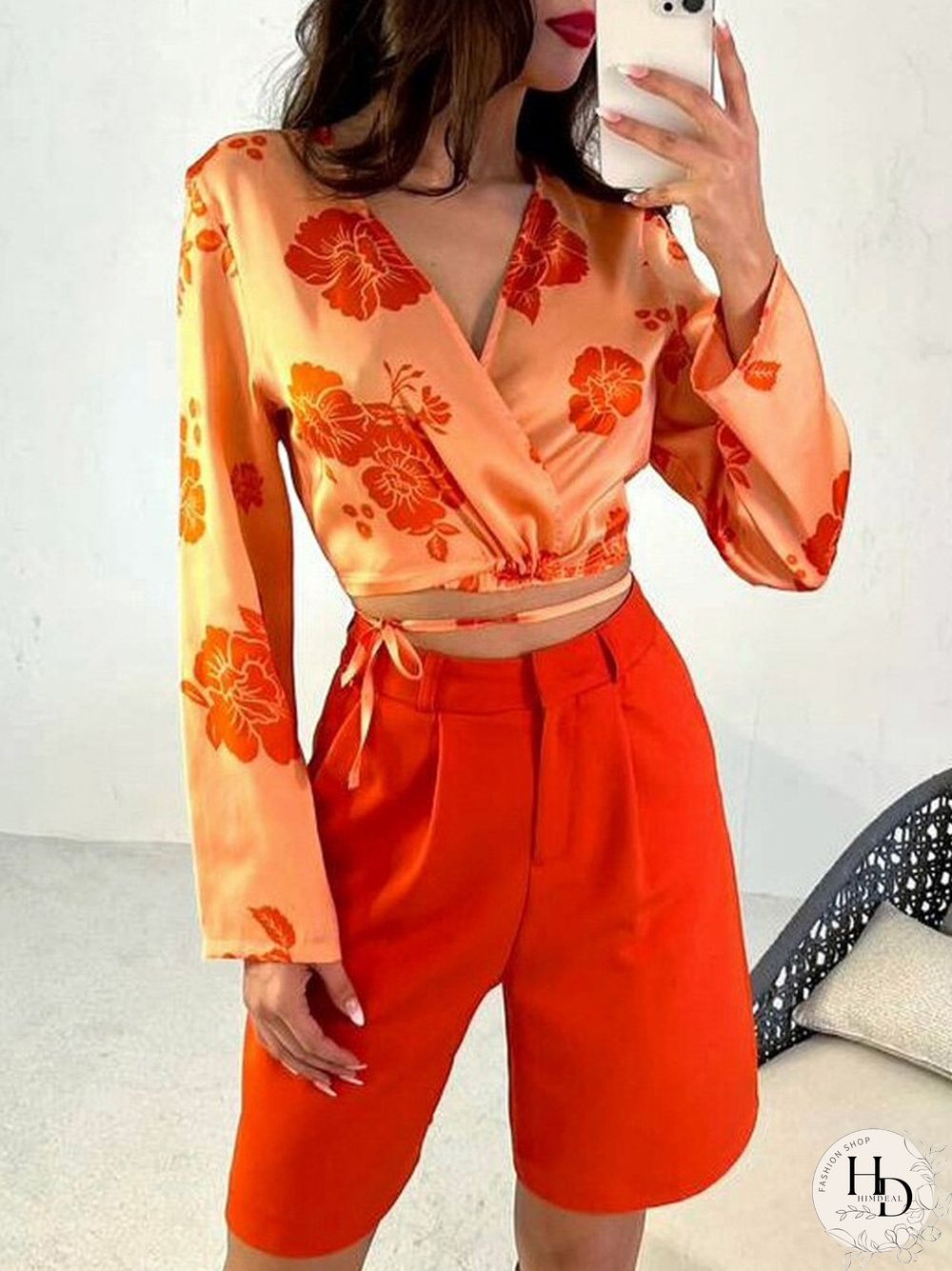 Womens summer autumn shorts outfits ladies cross neck long sleeve blouse tops solid