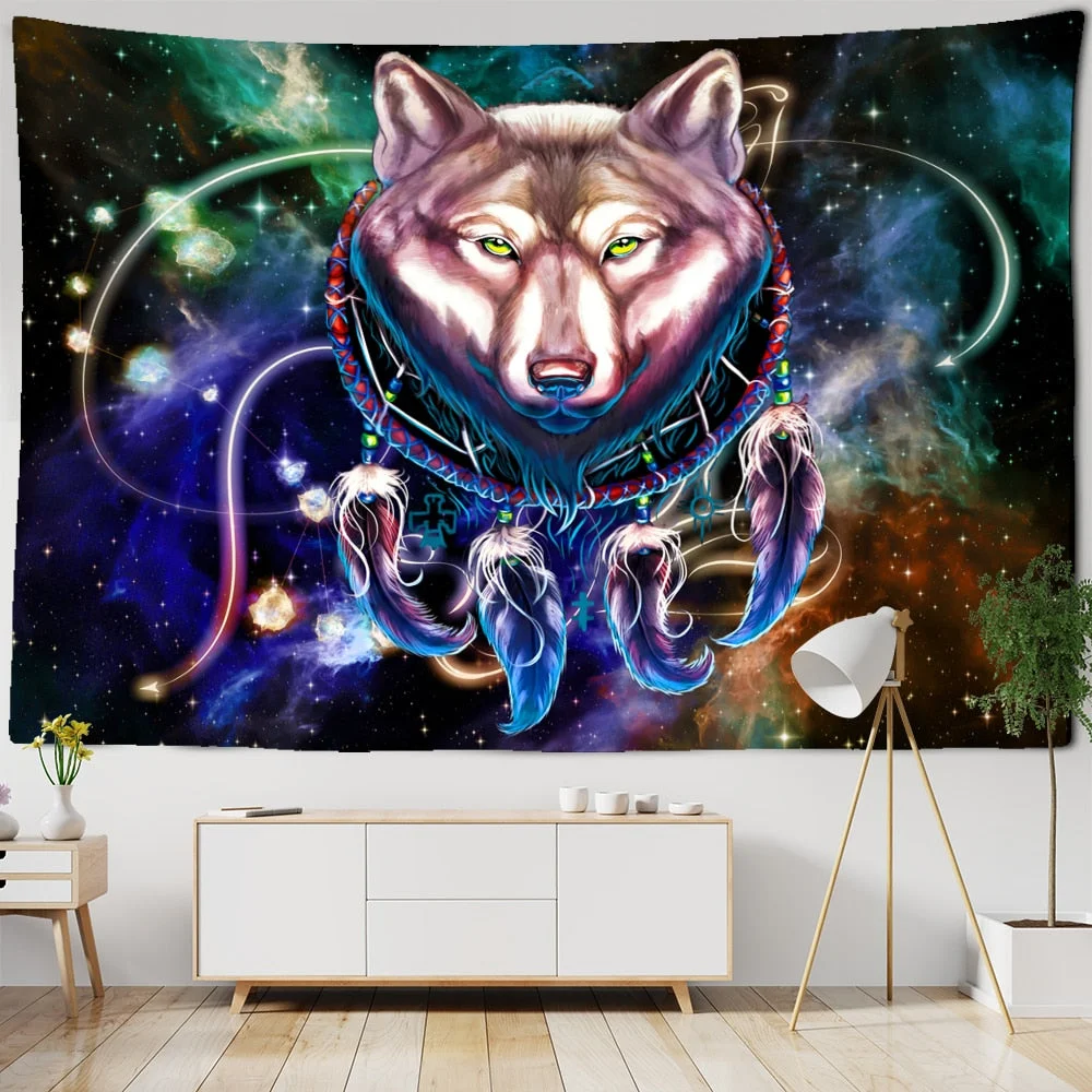 Snow Wolf Tapestry Wall Hanging Psychedelic Witchcraft Bohemian Mysterious Art Landscape Room Home Decor