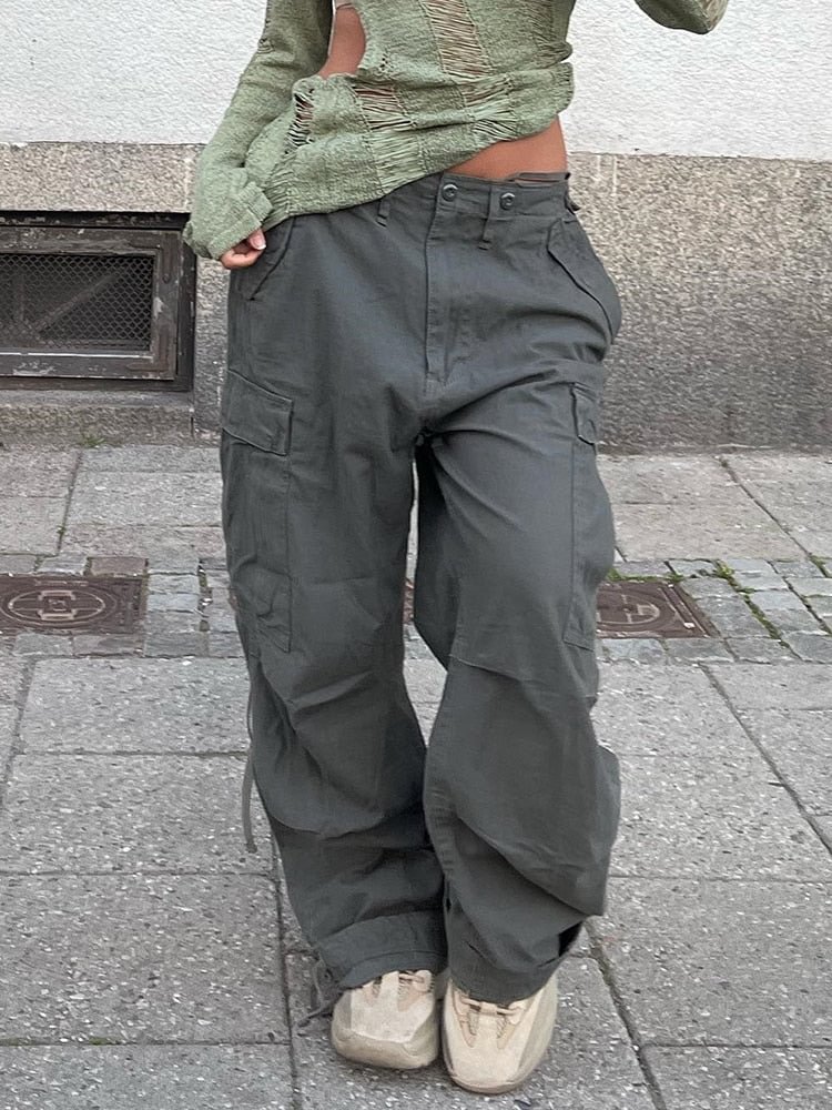 Vintage Cargo Pants Baggy Jeans Women Fashion 90s Streetwear Pockets Overalls ArmyGreen High Waist Loose Y2k Denim Trousers