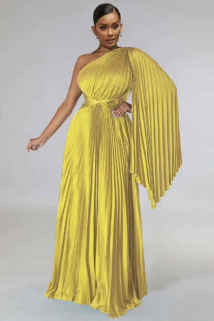 One Shoulder Sleeveless Sash All Over Pleated Gown Maxi Dresses