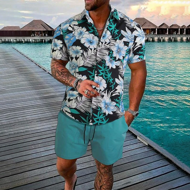 BrosWear Men Hawaiian Plants Shirt And Shorts Co-Ord