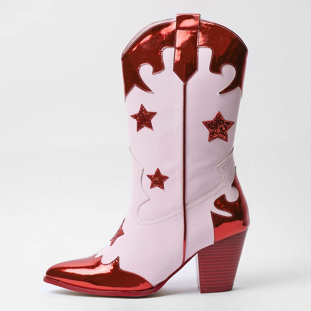 Pink & Red Metallic Finish Glitter Star Inlay Mid-Calf Cowgirl Boots