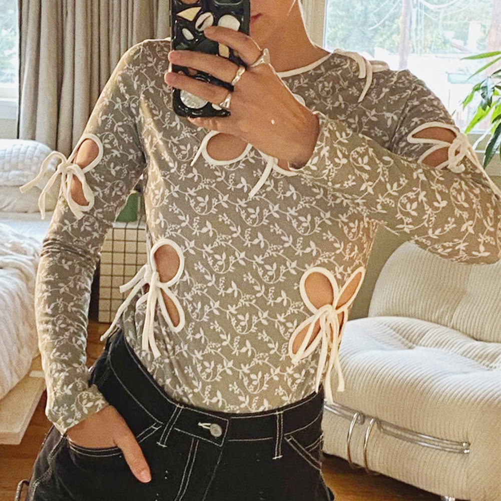 

Women Fashion Floral Print T-shirt Tops Long Sleeve Hollow Lace-up Jumper, Green, 501 Original