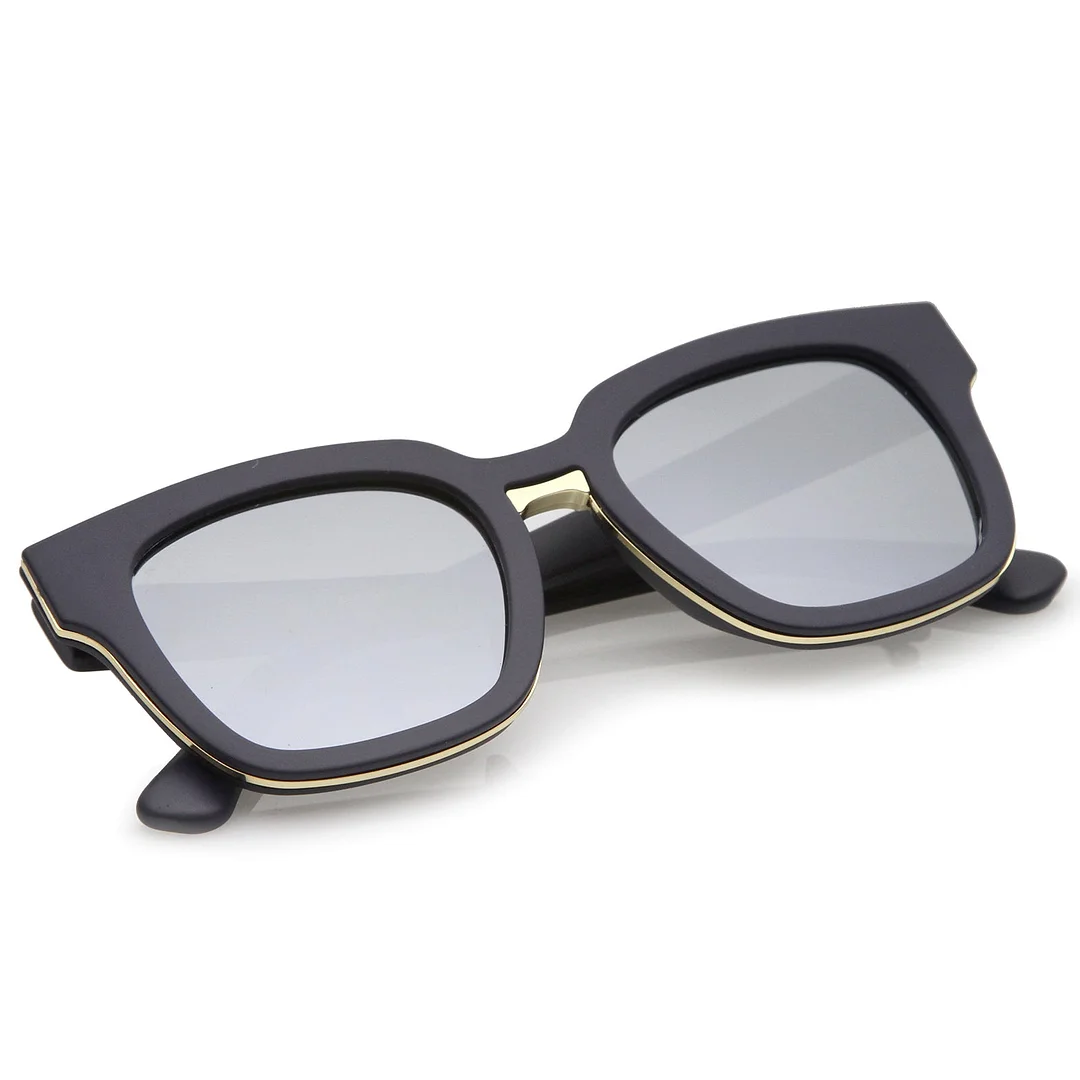 Modern Metal Trim Bridge Square Mirror Flat Lens Horn Rimmed glasses 50mm