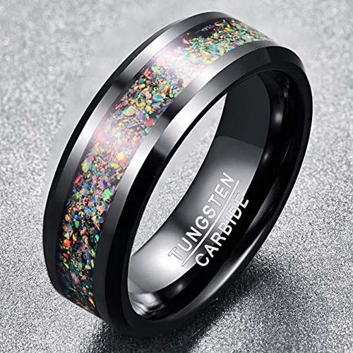 6MM 8MM Women's Or Men's Tungsten Carbide Wedding Matching Rings Black and Multiple Color Rainbow Opal Inlay with Organic Tones