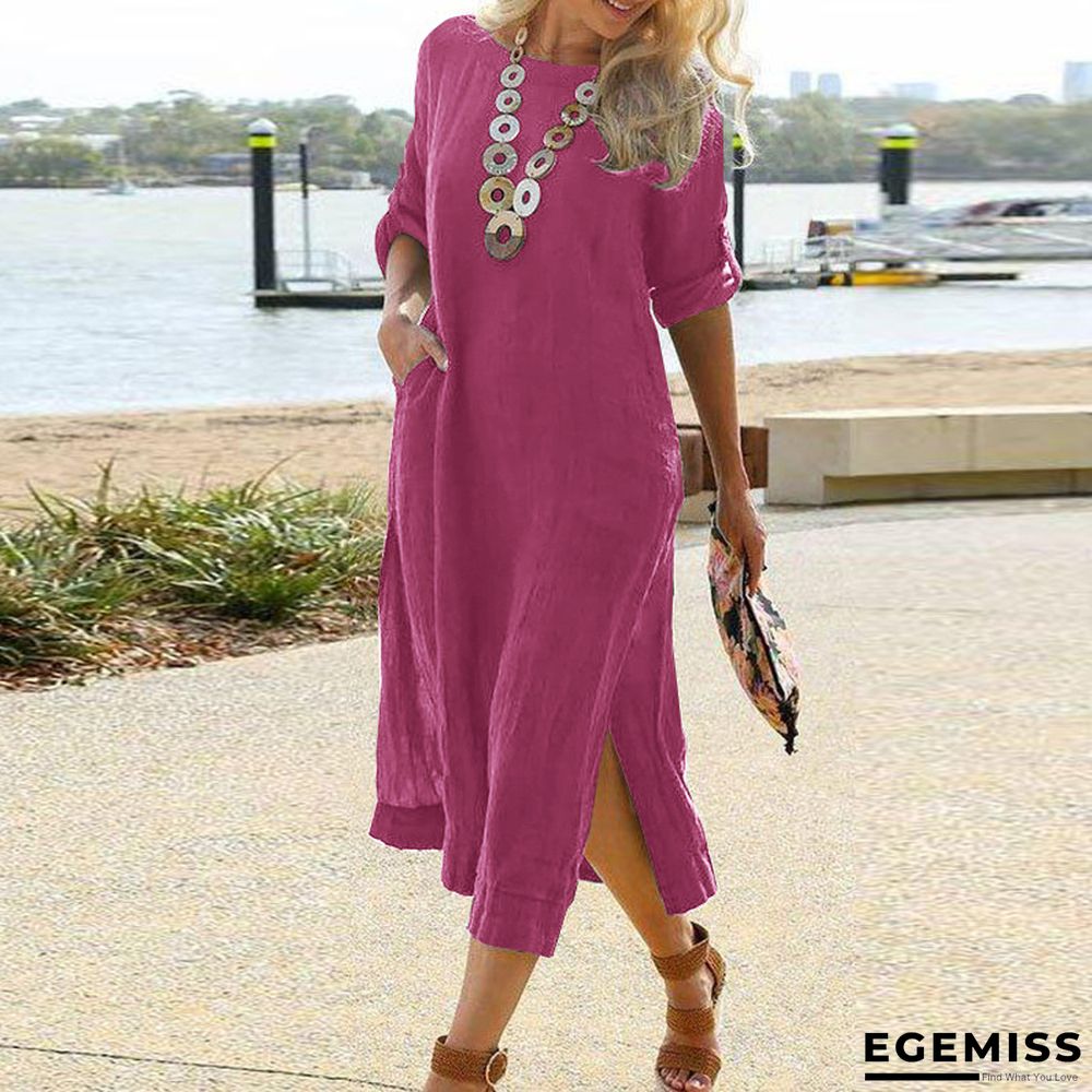 Cotton Casual Retro Long Shirt Dress Long Sleeve Hem Slit Skirt | EGEMISS