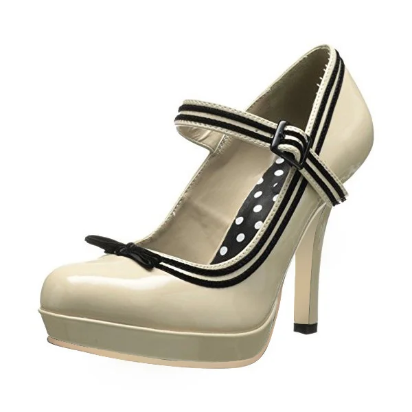 Beige Mary Jane Pumps Polka Dot Platform Heels Vintage Shoes |FSJ Shoes