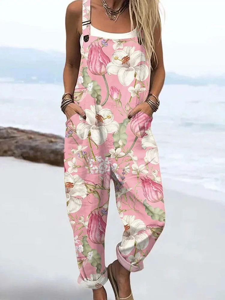 Women's Vintage Floral Art Print Casual Cotton Wide Leg Jumpsuit