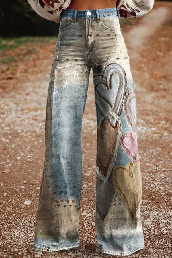 Women's Retro Floral Heart Casual Wide Leg Pants