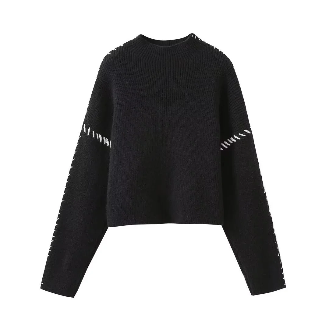 Nigikala Nigikala Women's 2025 Sweater Autumn Round Knitted Shirt To Keep Warm And Catch Chic Color Splicing Wiring Sweater M6221