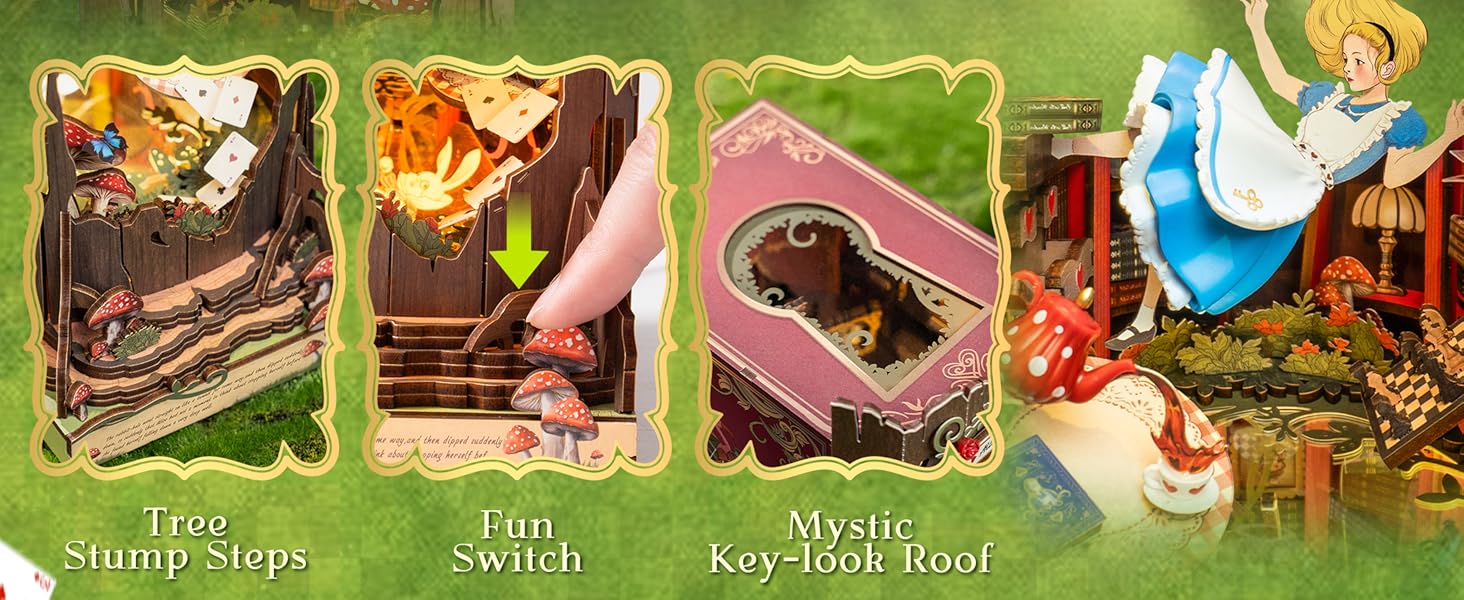 Tegooe 3D Wooden Book Nook Kit with LED Lights - Miniature Bookshelf Insert Gift