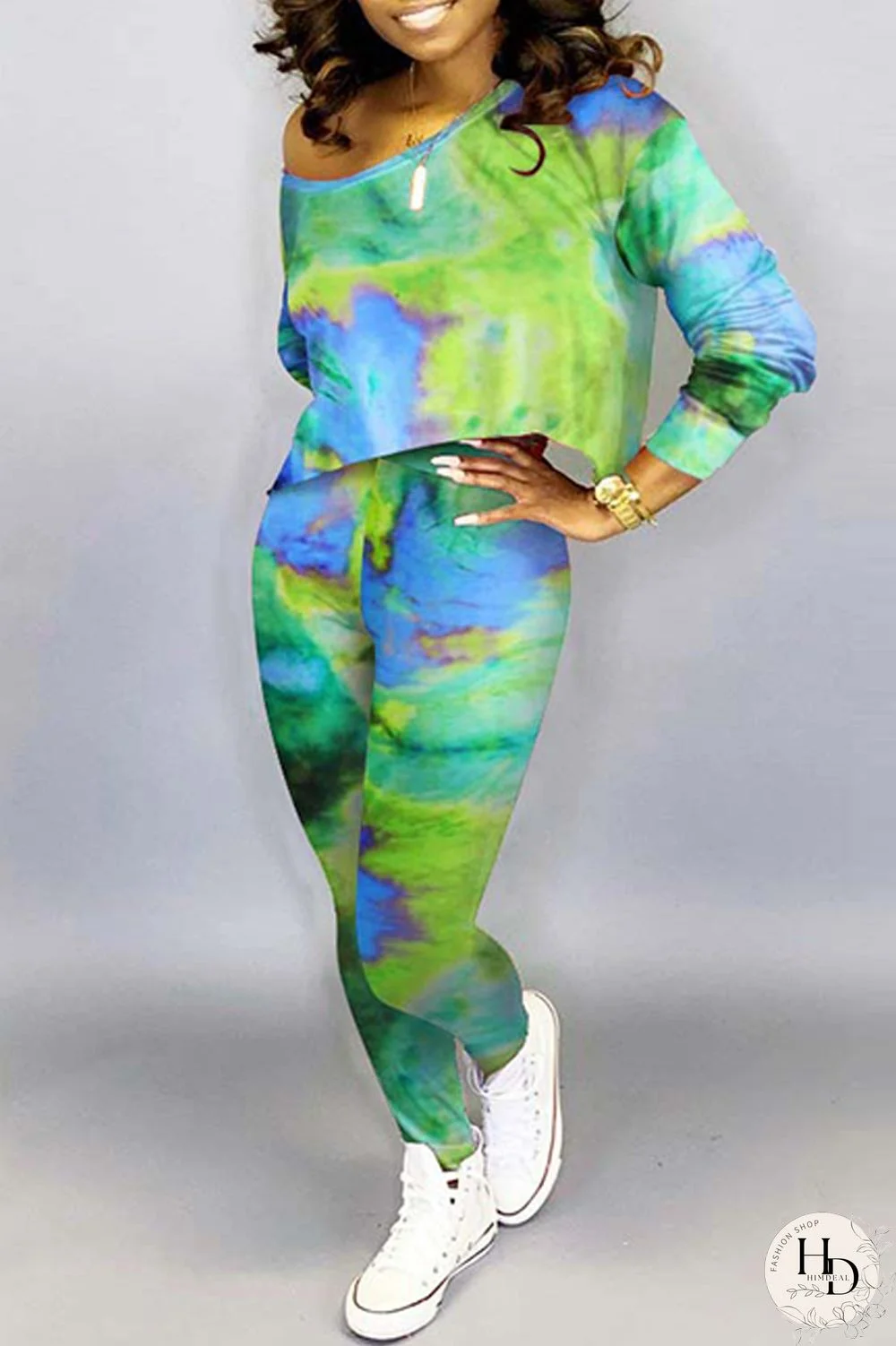 Green Fashion Casual Print Tie-dye Oblique Collar Long Sleeve Two Pieces