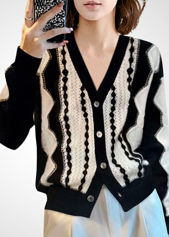 VCSHOES Colorblock V Neck Patchwork Wool Knit Cardigan Winter