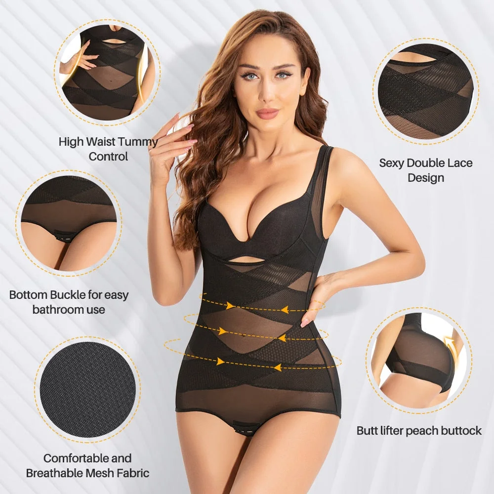 Coloriented 1015 Sexy Double Lace Bodysuit Butt Lifter Peach Buttock Body Shapewear Women Slimming Underwear High Waist Corset