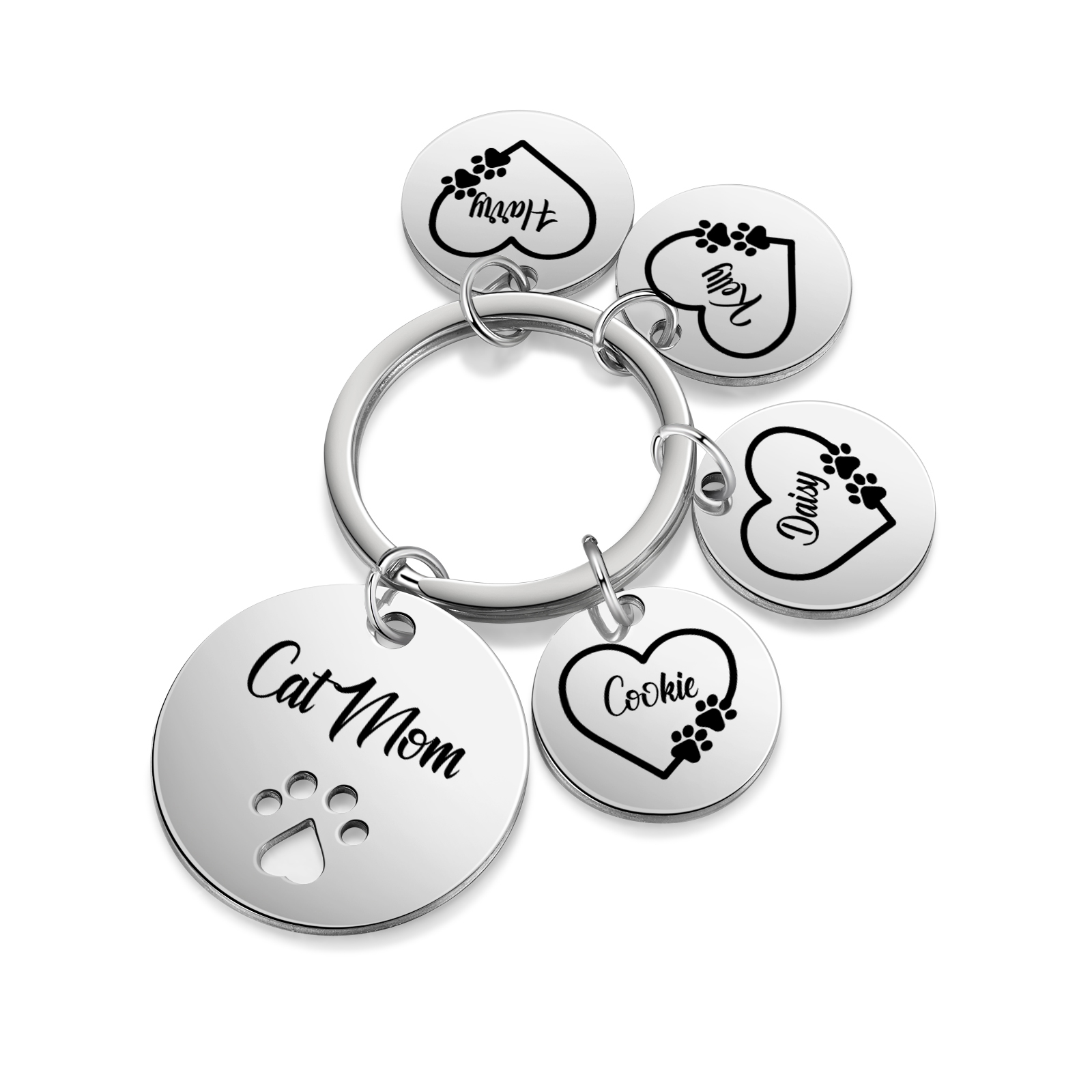Personalised 4 Names & 1 Text Keychain Cat Paw Circle Charm Keychain Gift for Mother/Grandma-Jessemade AU