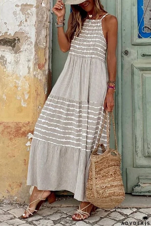 Stripe Patchwork Halter Neck Maxi Dress