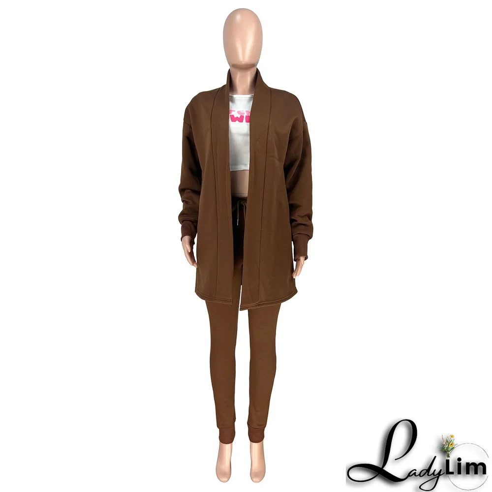 Women's Fashion Solid Fleece Cardigan Coat Pants Two-Piece Set