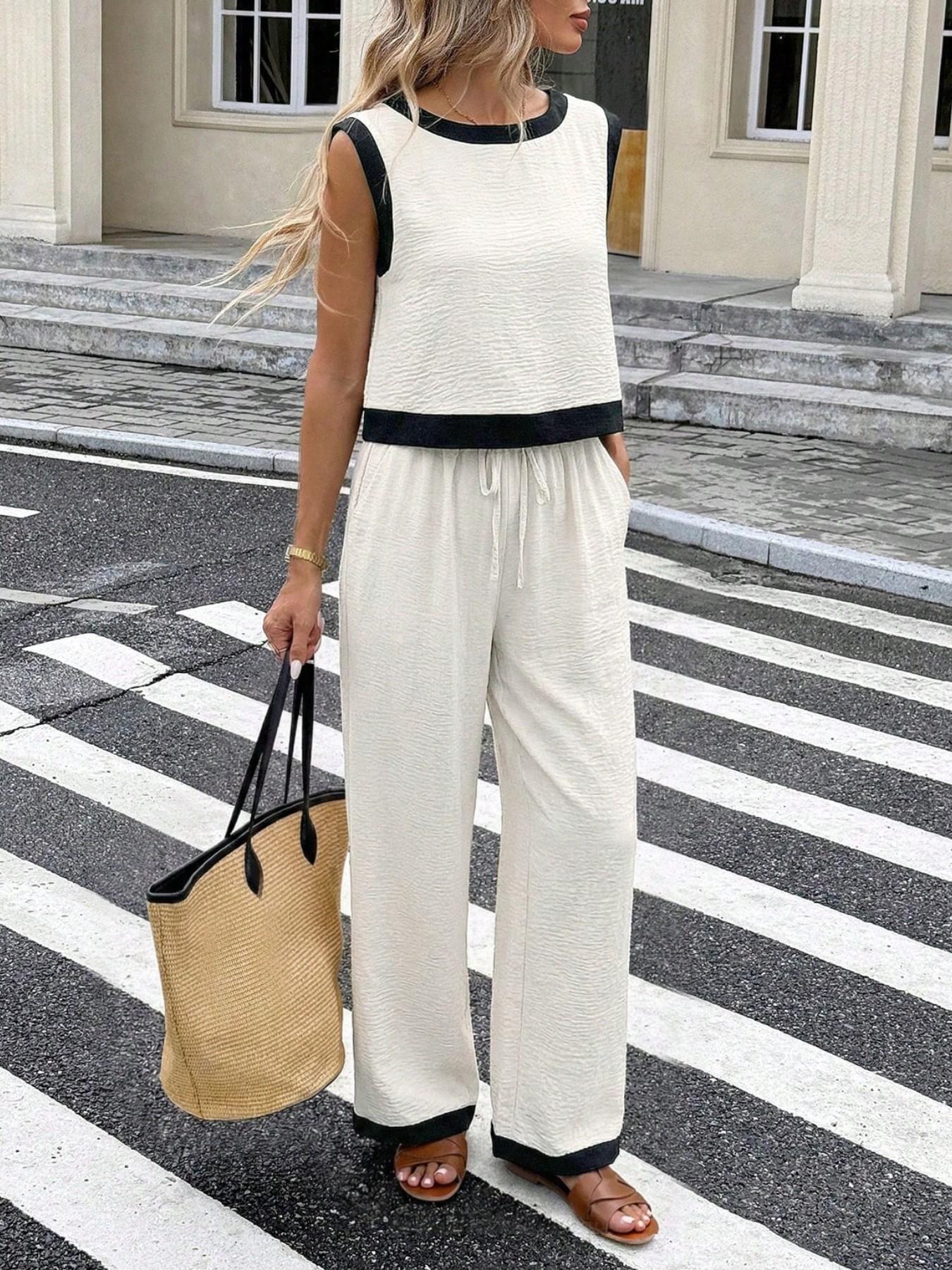 Women's Simple Colorblock Sleeveless Round Neck Top and High Waist Wide Leg Pants Set, Slimming Casual Comfortable for Daily Commute