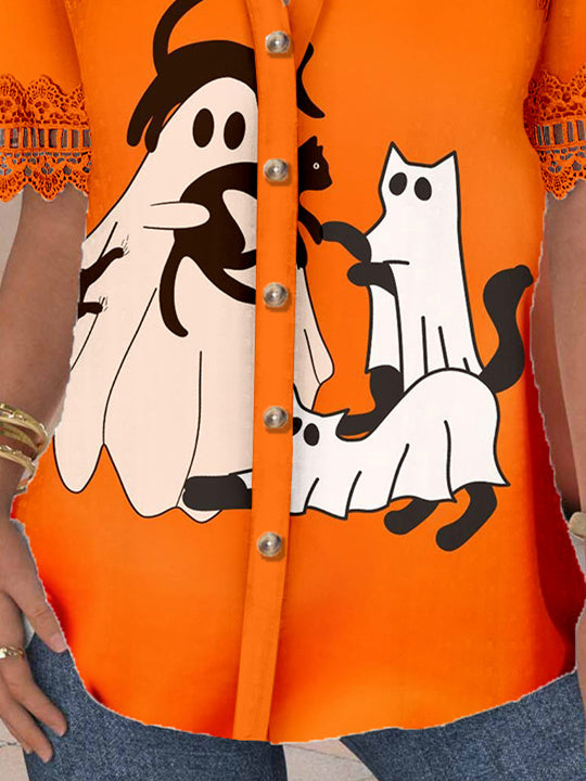 Women Short Sleeve V-neck Ghost Printed Graphic Lace Hollow Stitching Button Tops