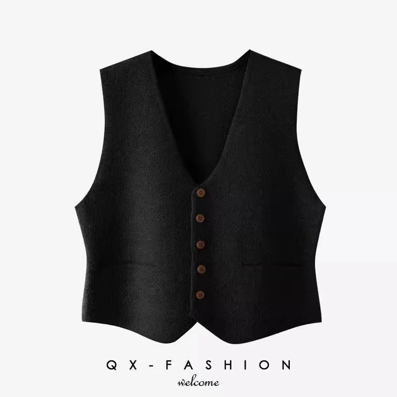 Ueong Fashion Solid Color Soft Suit Knitted Vest Women's Spring Soft Suit Autumn V Collar Single-Breasted Buckle