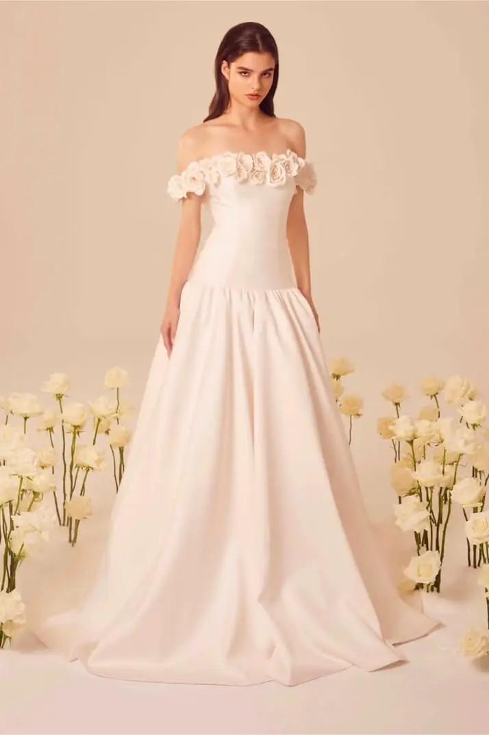 Lussooy Ivory Satin Exquisite Off the Shoulder Strapless Long Pleated Prom Dress with Flowers  