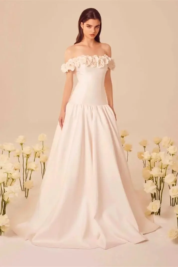 Miabel Exquisite Ivory Satin Strapless Off the Shoulder Long Pleated Prom Dress with Flowers 