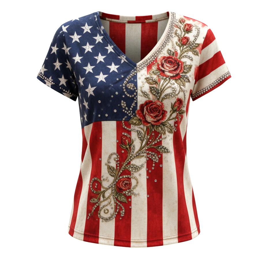 Women's Vintage American Flag 250th Anniversary Rose Print Casual V-Neck Short Sleeve T-Shirt - Helixace