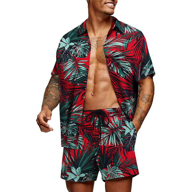 Men's Hawaiian Flower Shirt Beach Suit Shorts Two-piece Set