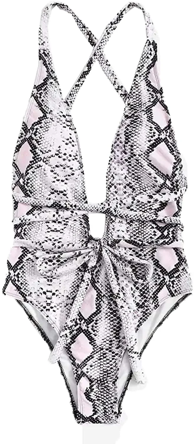 Women's Sexy Bathing Suits Criss Cross Tie Knot Front Deep V Open Back Leopard One Piece Swimwear