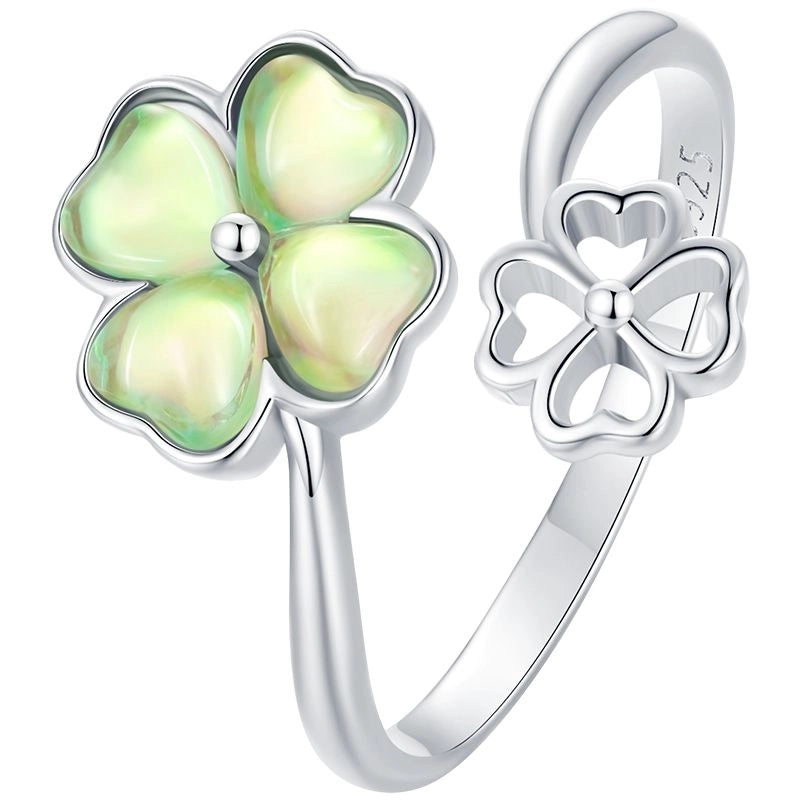 White Gold Plated 925 Sterling Silver Glass Four Leaf Clover Open Rings