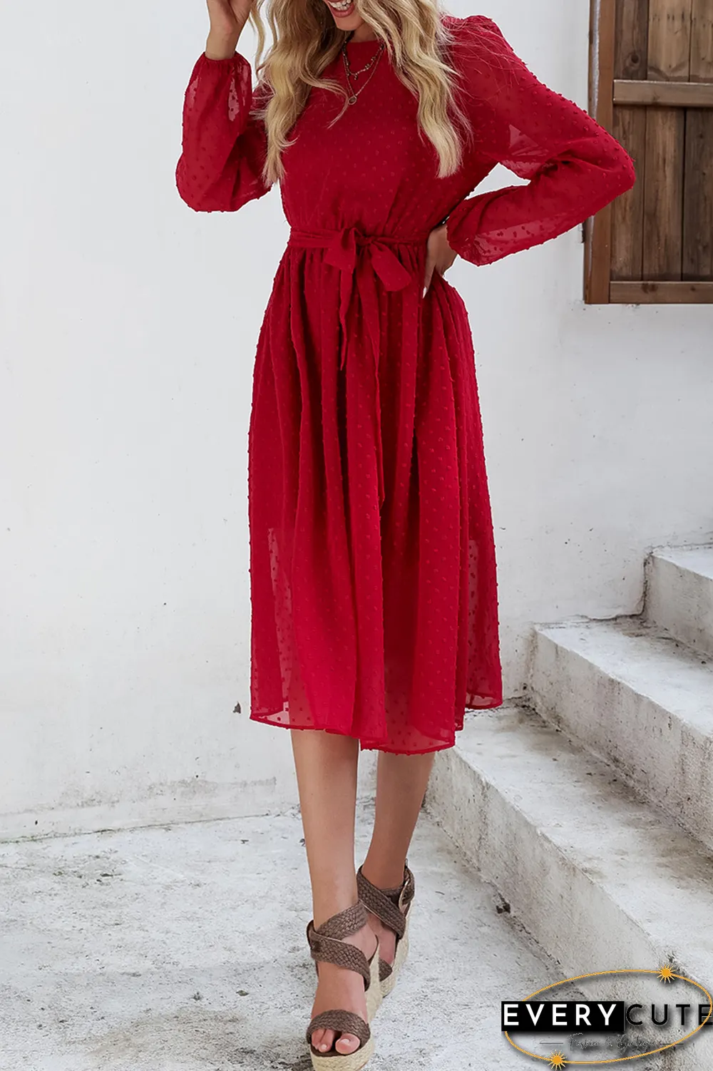 Casual Solid Split Joint O Neck Waist Skirt Dresses
