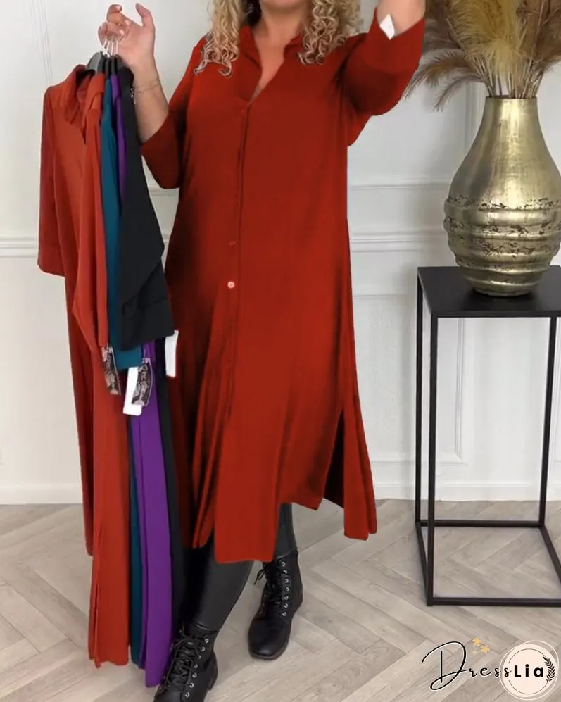Buttoned solid color shirt dress