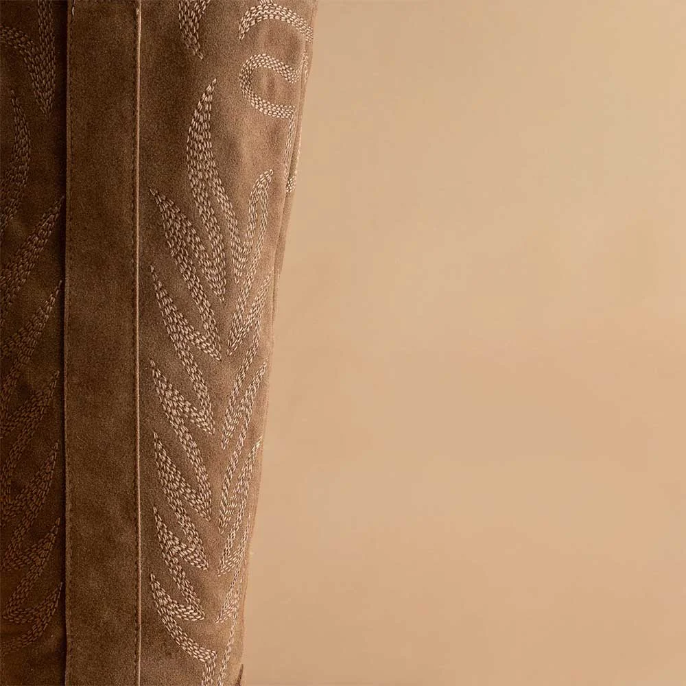 Tan High Heel Embroidered Vegan Suede Cowgirl Boots with Pointed Toe