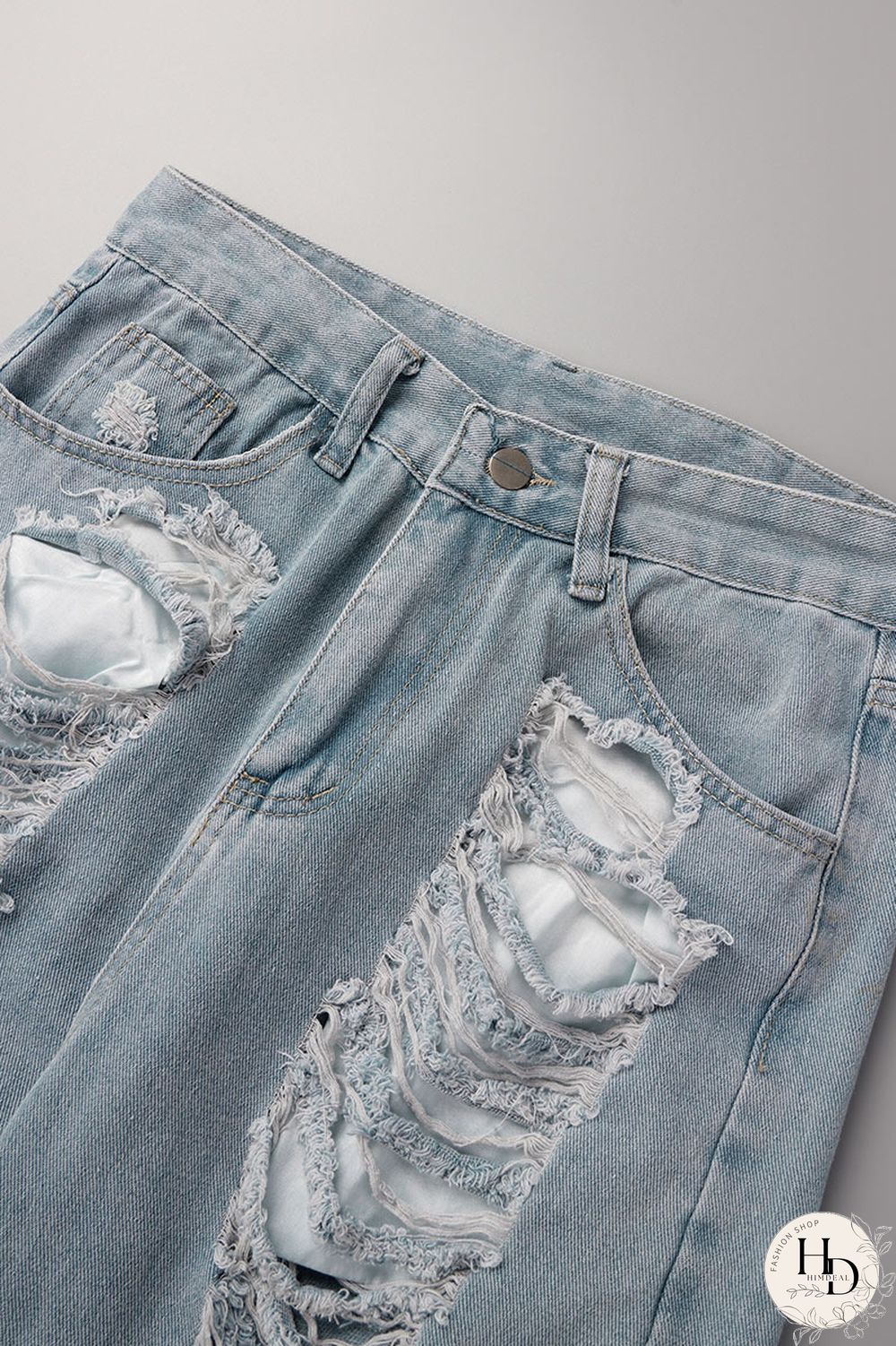 Sky Blue Street Solid Ripped Make Old Patchwork High Waist Denim Jeans