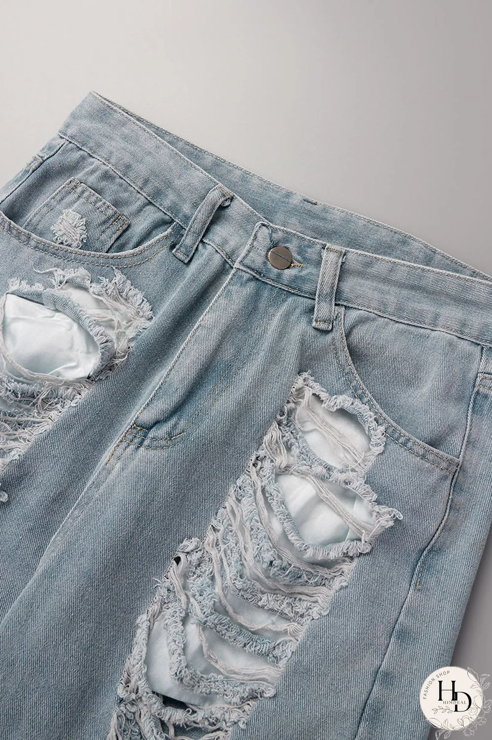 Sky Blue Street Solid Ripped Make Old Patchwork High Waist Denim Jeans