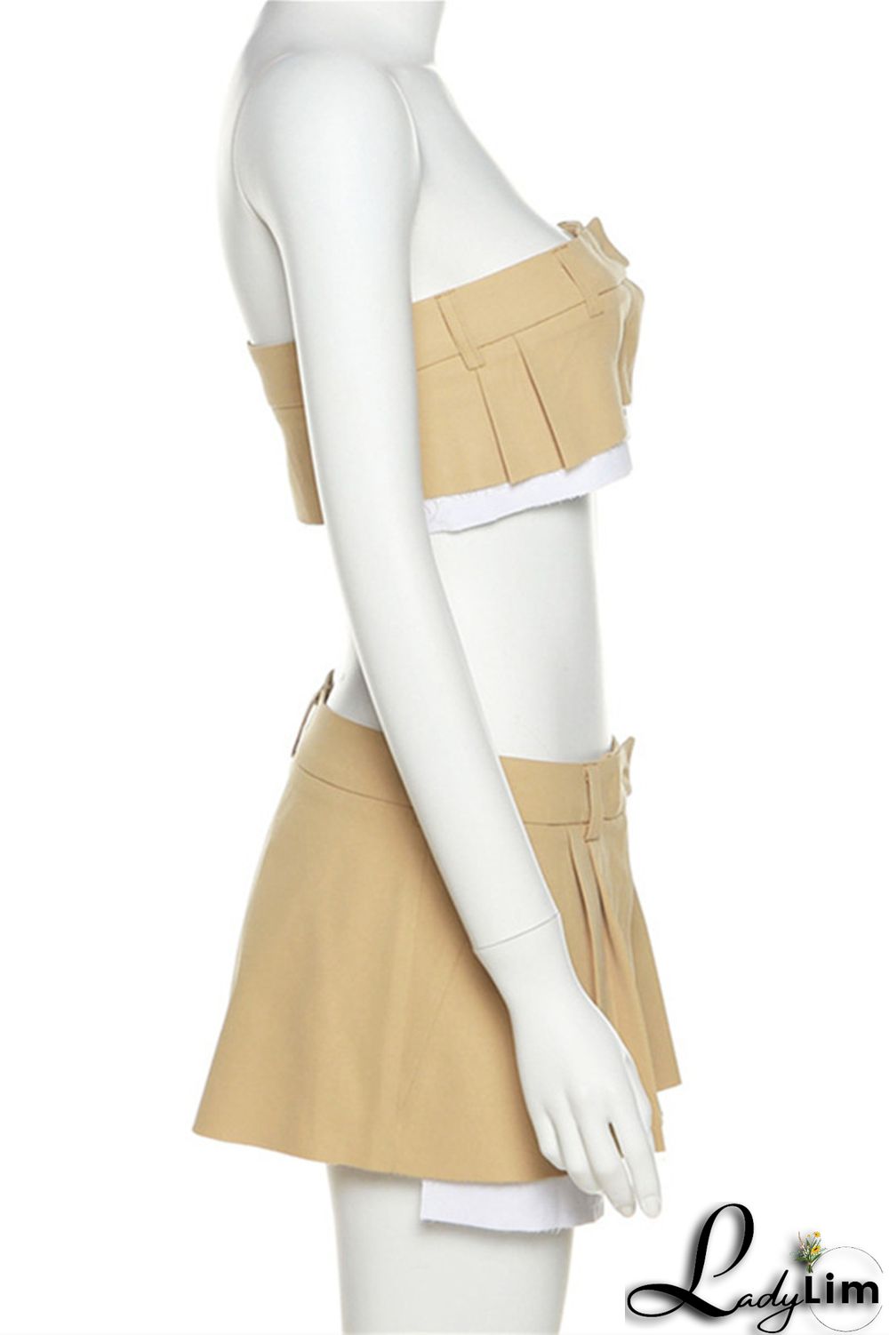 Khaki Fashion Sexy Solid Patchwork Backless Strapless Sleeveless Two Pieces