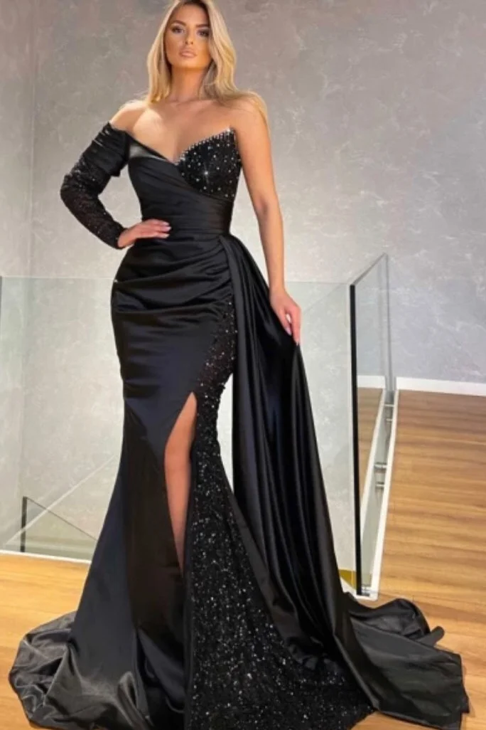 Daisda One Shoulder Long Sleeve Split Black Mermaid Prom Dress With Sequins