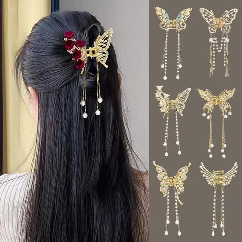 Metal Butterfly Hairpin Women’s High-grade Temperament Half-tie Hair Tassel Pendant Hair Accessories New Back Head Clip