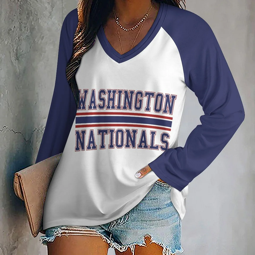 V-neck Long Sleeve Casual T-shirt for  Women and Men Printed with Pattern , Blue, Red