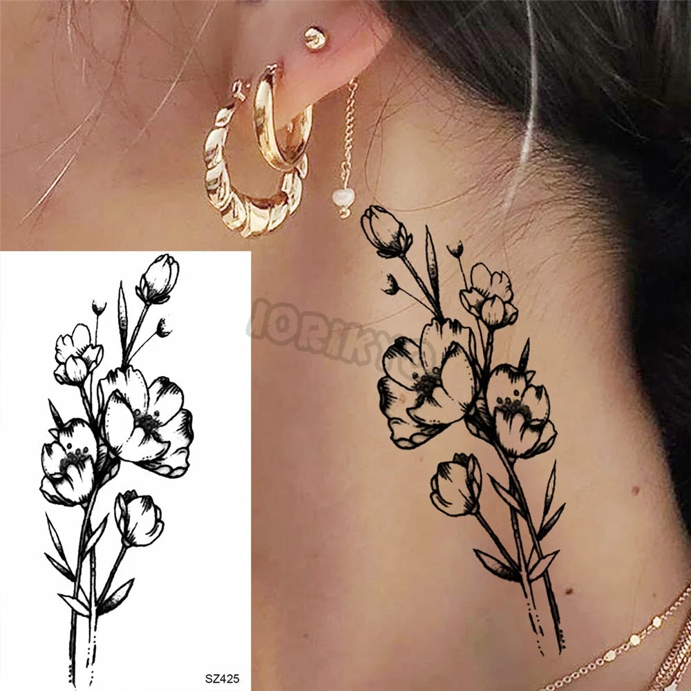 Black Pencil Sketch Henna Lotus Temporary Tattoos For Women Girls Realistic Planet Dandelion Fake Tattoo Sticker Back Arm Tatoos