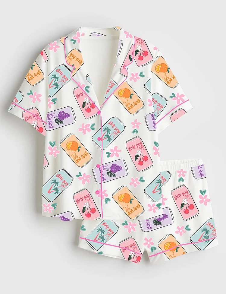 Women&rsquo;s Girly Soda Pop Pink Fruity Summer Cherry Soda Surface Pattern Short Sleeve Satin Pajama Set