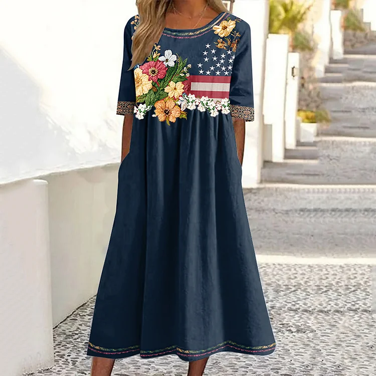 Women's Independence Day Flag Flower Art Short Sleeves Midi Dress
