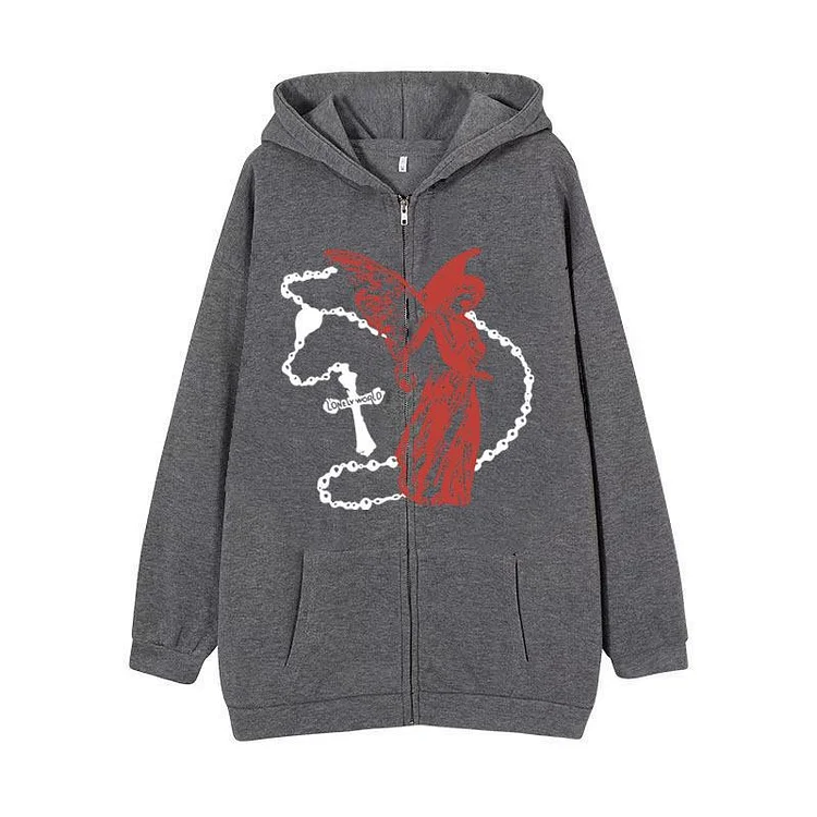 Angel Cross Print Zip Up Hoodie Gothic Loose Sweatshirt Jacket at Hiphopee