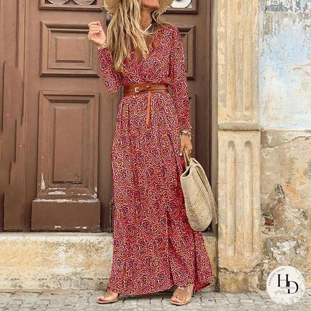 Summer Womens Fashion Retro Floral Elegant Dress Ladies Loose Casual Long One-_piece