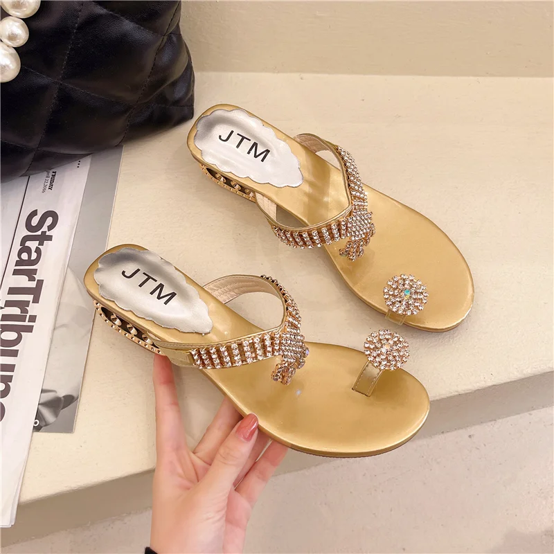 Qjong 2022 Women Sandals Flip Flop Fashion Rhinestone Wedges Shoes Crystal High Heels Sandals Women Shoes Summer Casual Beach Sandals