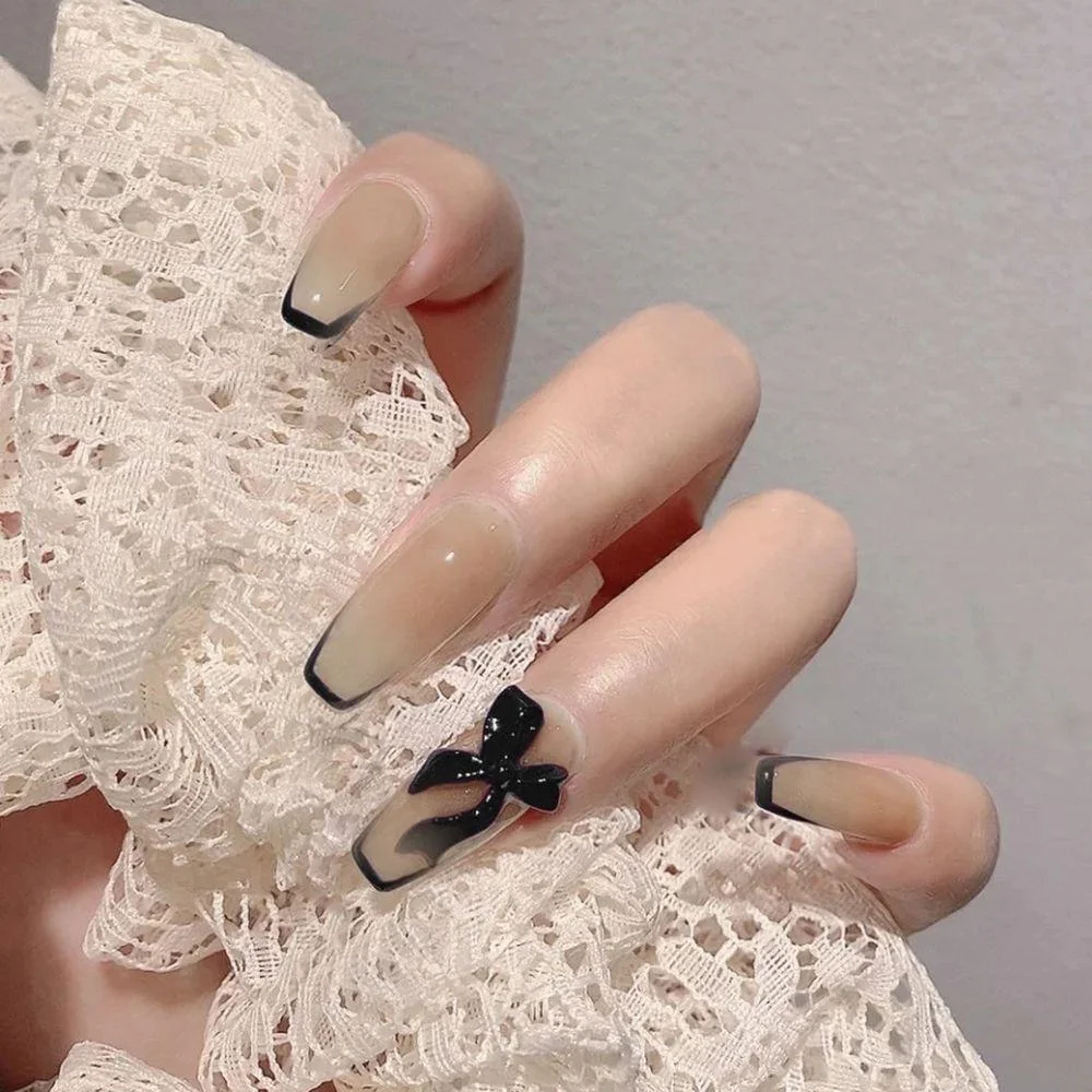 24Pcs Long Ballerina False Nail Love Pattern French Coffin Fake Nails Full Cover Wearable DIY Manicure Tools Press On Nails 1029-Nail Inspo