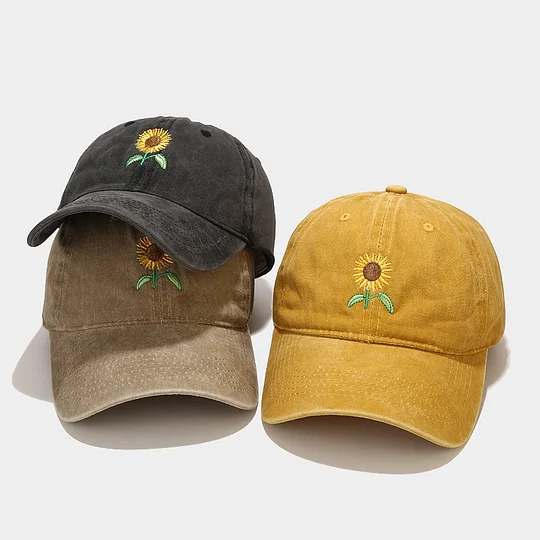 Vintage Washed Sunflower Embroidered Hat