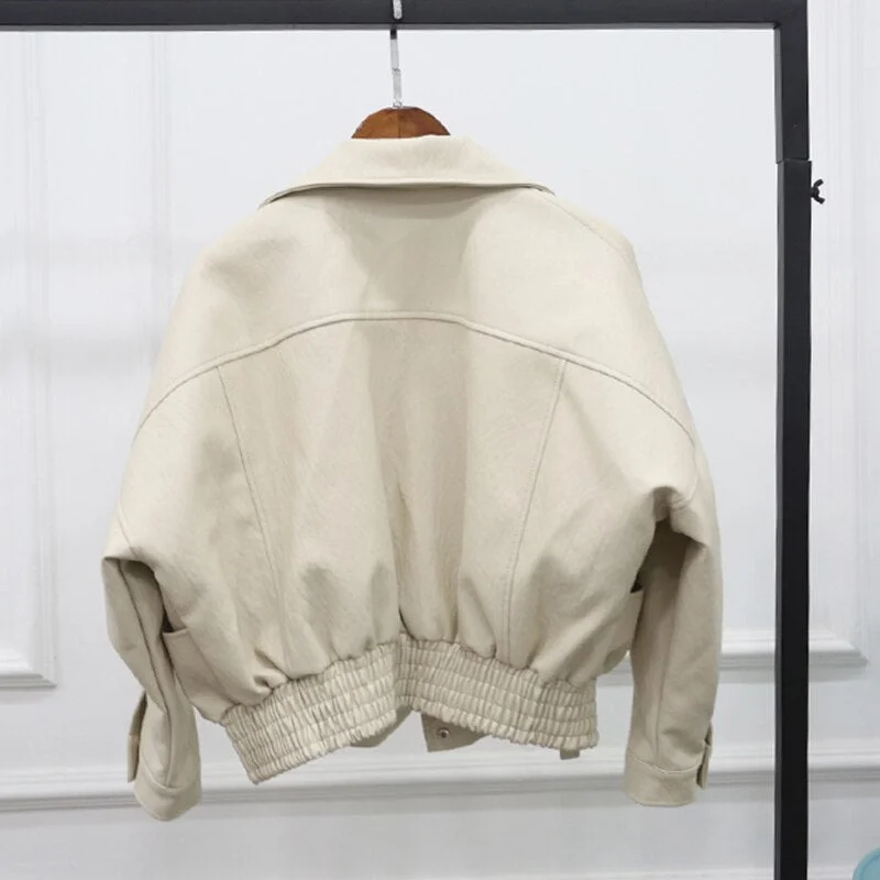 FTLZZ New Fashion Street Faux Leather Jacket Women Casual Loose Batwing Sleeve Washed Pu Leather Coat Biker Jackets