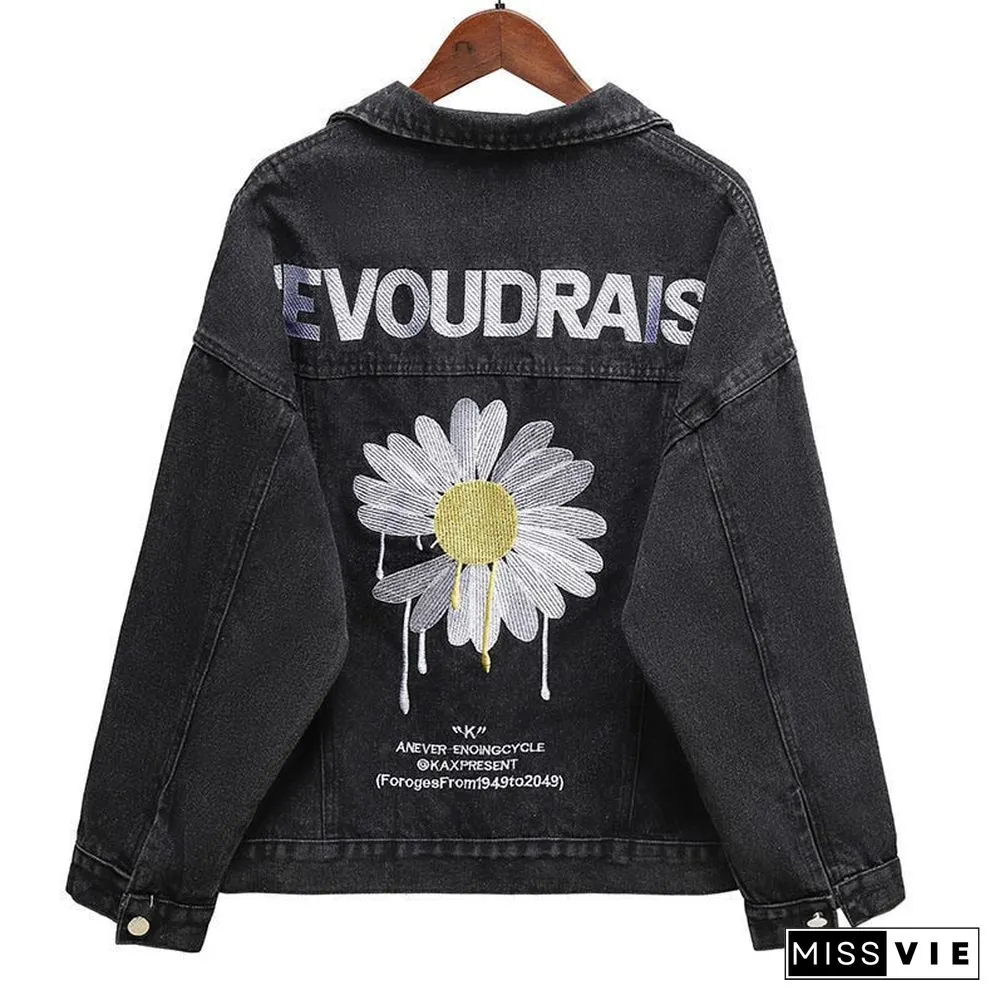 Trendy Brand Womens Jacket New Denim Female Korean Version Loose Embroidery Wild Daisy Top